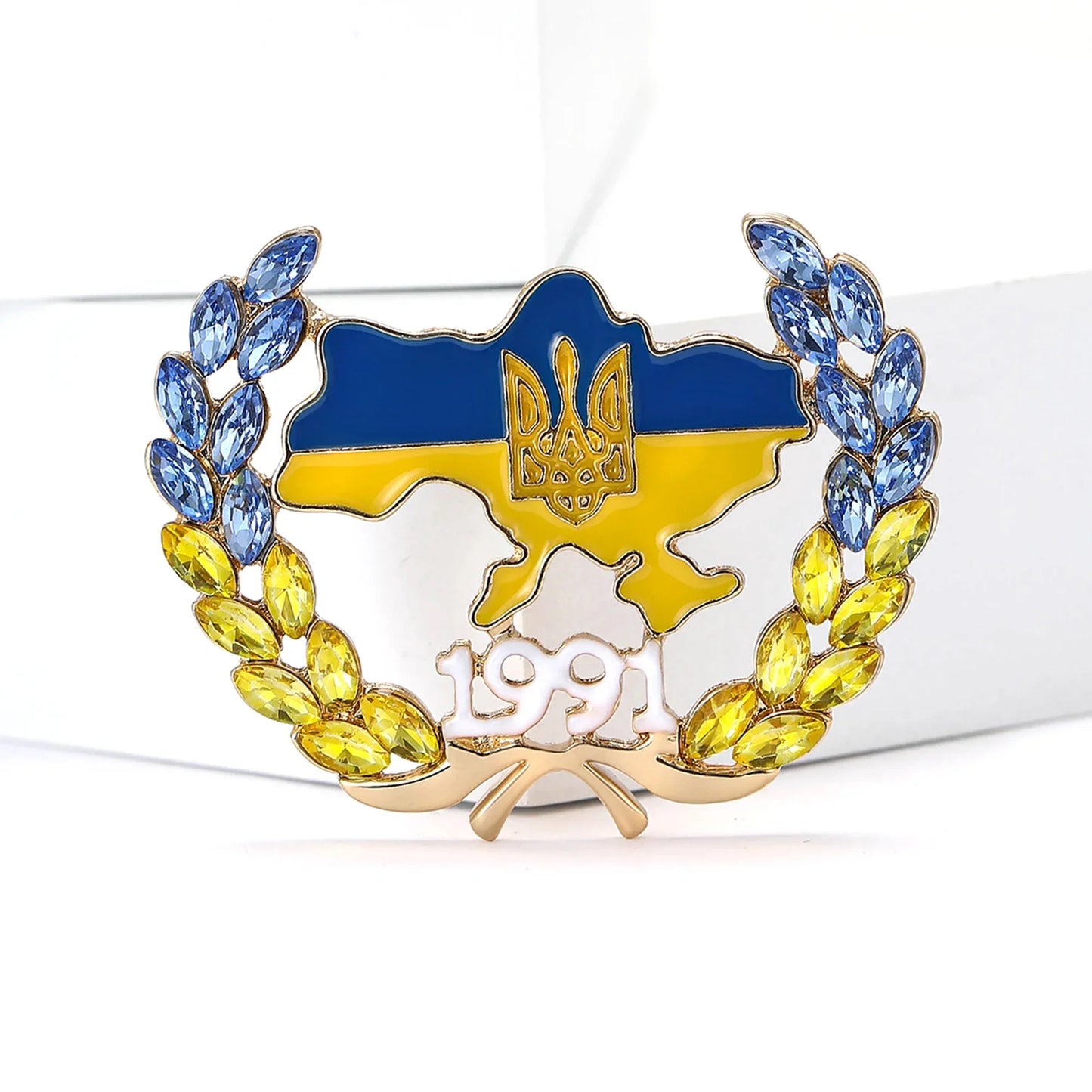 Rhinestone Ukraine National Emblem Brooches for Women Unisex Enamel Botanical Pins Event Party Decoration Clothes Accessories