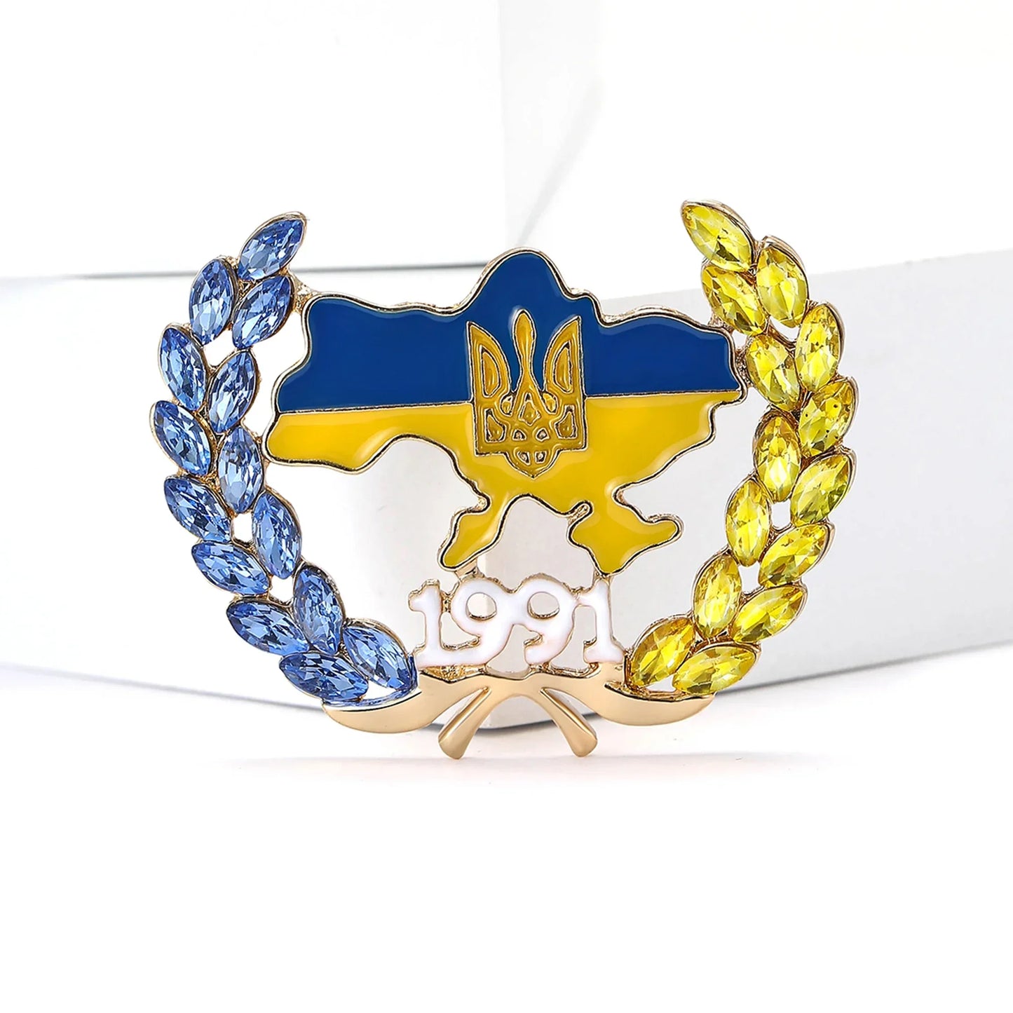 Rhinestone Ukraine National Emblem Brooches for Women Unisex Enamel Botanical Pins Event Party Decoration Clothes Accessories