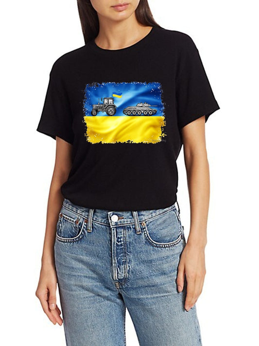 Funny Ukraine Farmer Tractor Stealing A Russian Tank Funny T-Shirt Women Short Sleeve Casual O-Neck Summer Tees