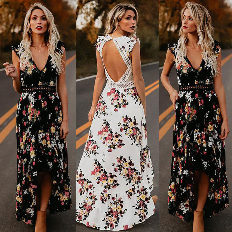 Summer Women Fashion Casual Floral Black White Asymmetrical Dress lange Maxi Abend Cocktail Strandkleid Sommerkleid Holiday Wear