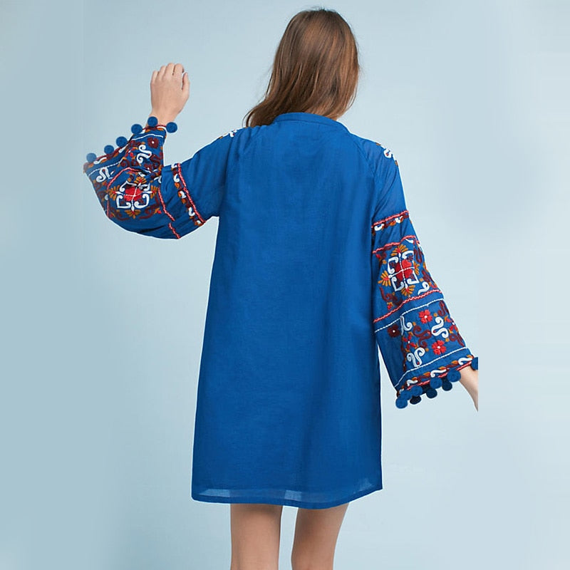 Summer vacation national style embroidery tassel lantern sleeve dress loose bobble ball island cardigan-style beach mini dress