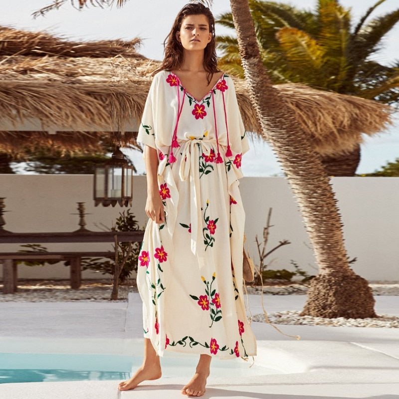Summer new Bohemian travel holiday sun protection smock island sand dress flower embroidered flower dress