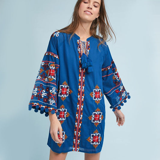 Summer vacation national style embroidery tassel lantern sleeve dress loose bobble ball island cardigan-style beach mini dress