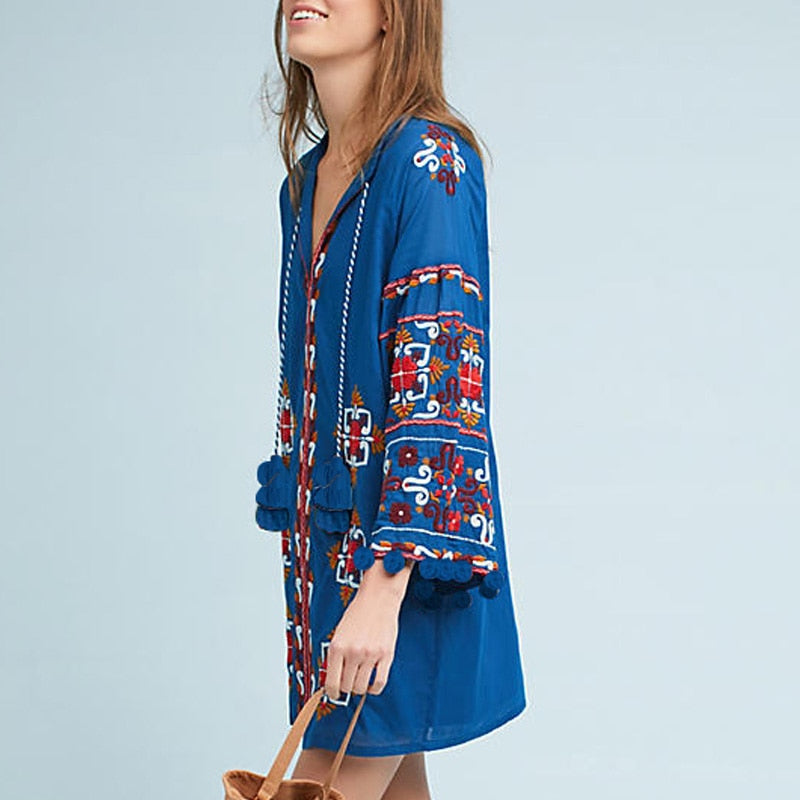 Summer vacation national style embroidery tassel lantern sleeve dress loose bobble ball island cardigan-style beach mini dress