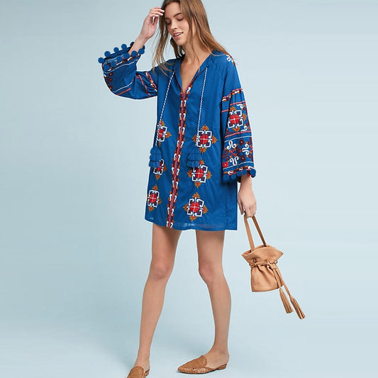 Summer vacation national style embroidery tassel lantern sleeve dress loose bobble ball island cardigan-style beach mini dress