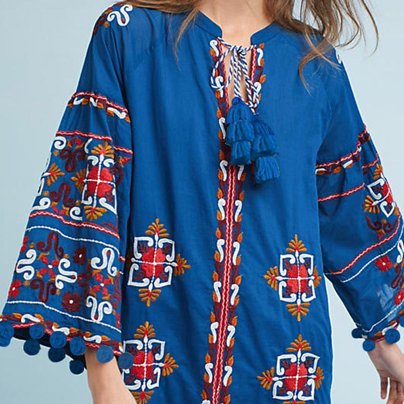 Summer vacation national style embroidery tassel lantern sleeve dress loose bobble ball island cardigan-style beach mini dress