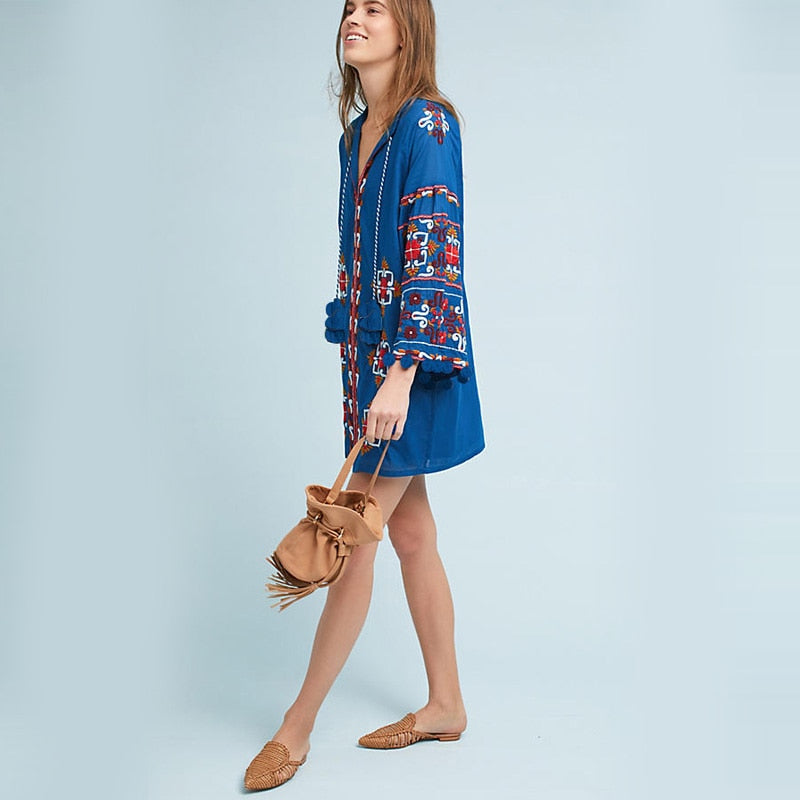 Summer vacation national style embroidery tassel lantern sleeve dress loose bobble ball island cardigan-style beach mini dress