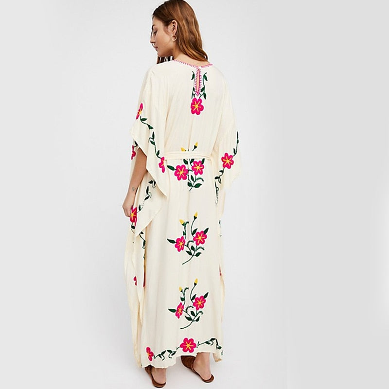 Summer new Bohemian travel holiday sun protection smock island sand dress flower embroidered flower dress