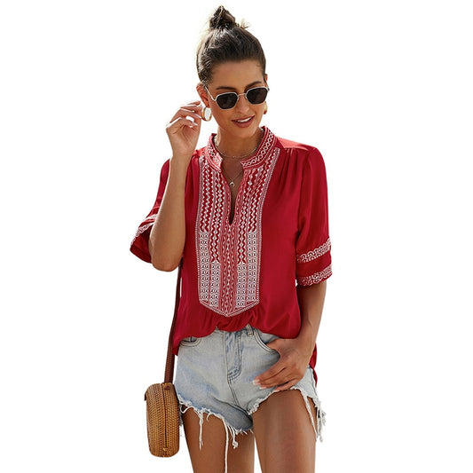 CINESSD Women V Neck Short Sleeves Blouses Blue Vintage Tops Embroidery Lacework Patchwork Black Casual Pullover Summer Blouse