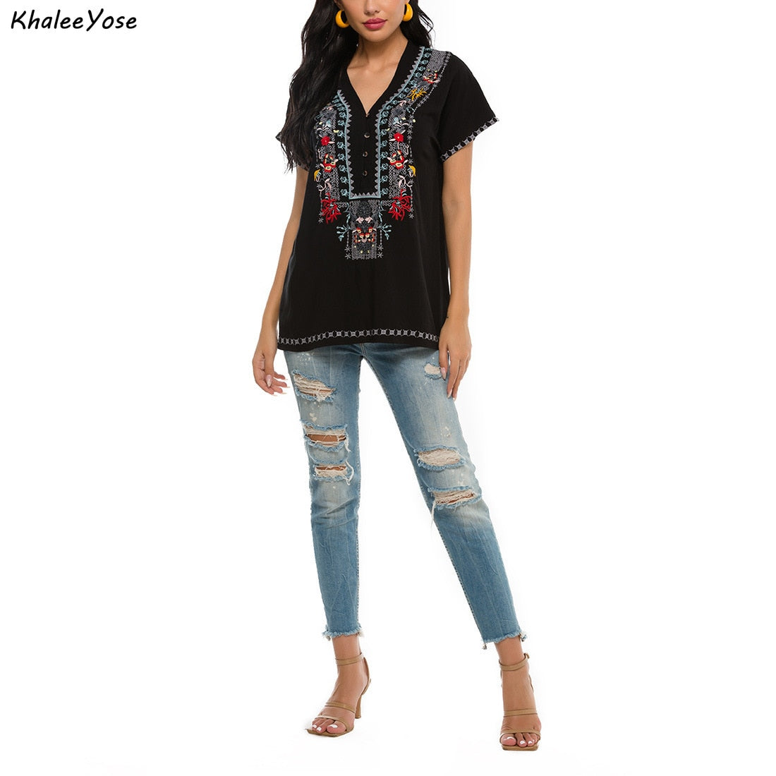 KHALEE YOSE Boho Floral Embroidery Blouses Summer Mexican Spring Long Sleeve Shirt Button Front Women 3xl Ethnic Shirt Tops