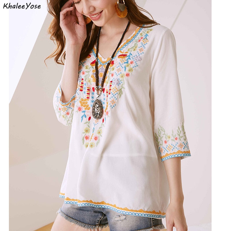 KHALEE YOSE Boho Floral Embroidery Mexican Blouse Shirts Vintage Chic Autumn Blouse Women s3xl Ethnic Hippie Shirt Blouse Tops