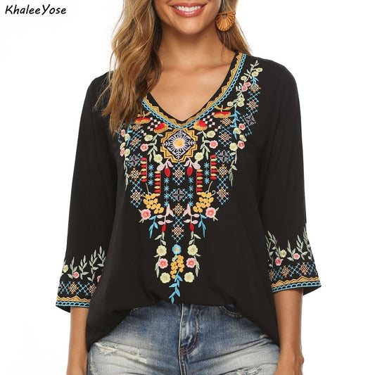 KHALEE YOSE Boho Floral Embroidery Mexican Blouse Shirts Vintage Chic Autumn Blouse Women s3xl Ethnic Hippie Shirt Blouse Tops