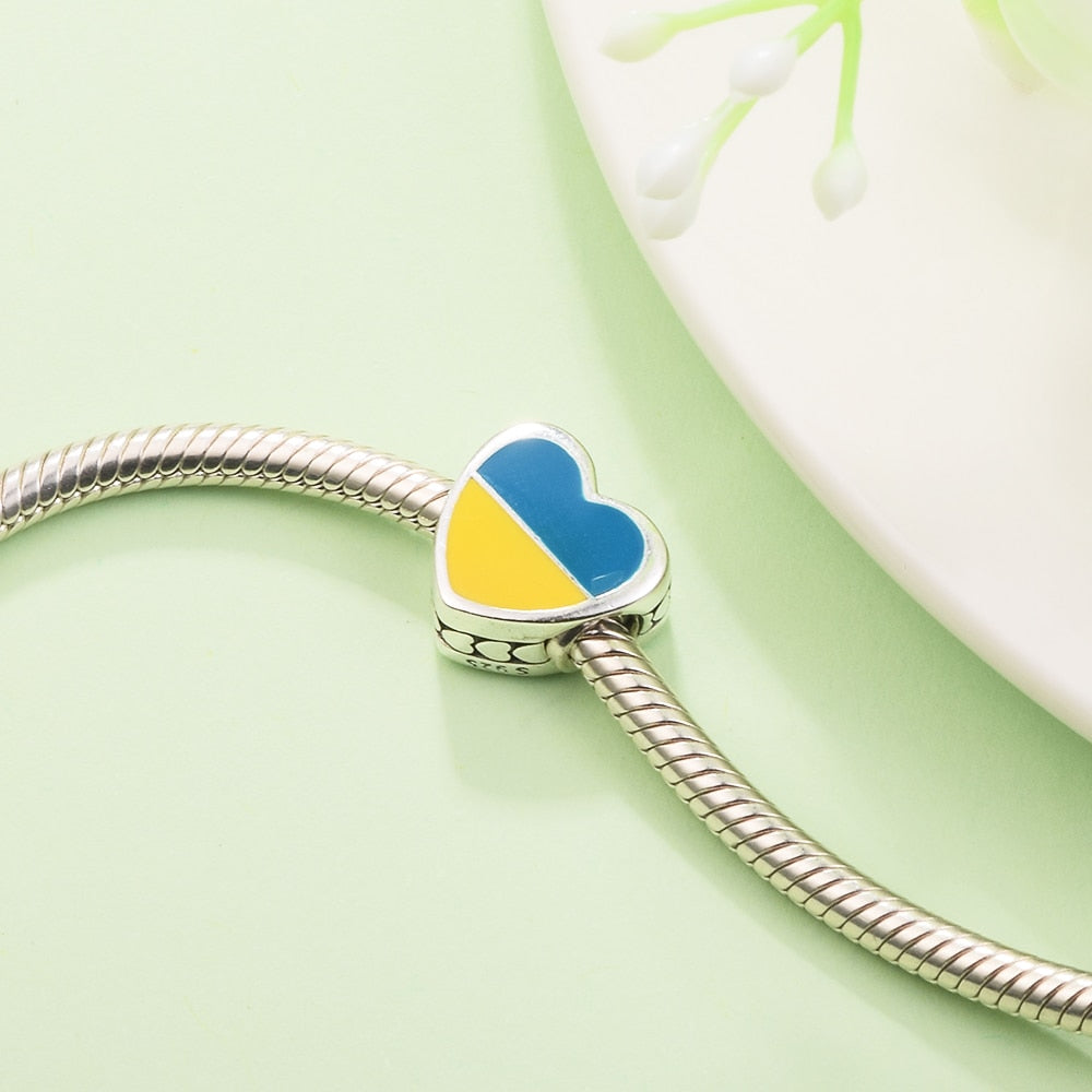 Fits Pandora Bracelet Femme 925 Sterling Silver Heart Ukraine Flag Charm DIY Making Jewelry Beads for Women Free Shipping