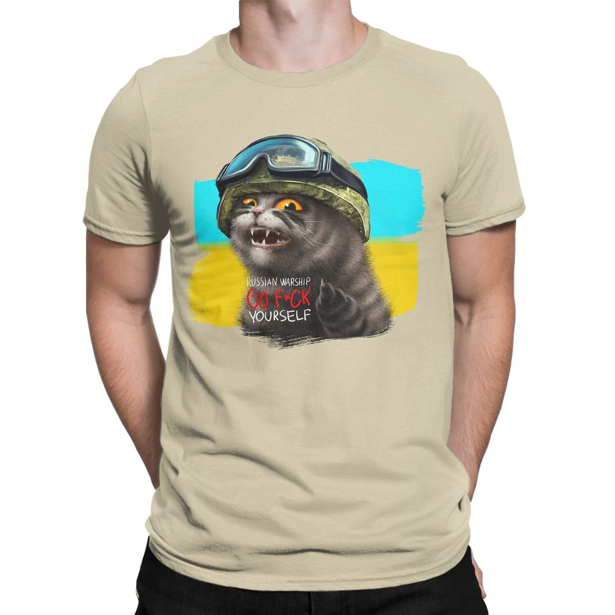 Ukrainian Cat Warrior With Mid-dle Finger Ukraine Crew Neck Pure Cotton T Shirt for men Short Sleeve Tees Printed Clothes