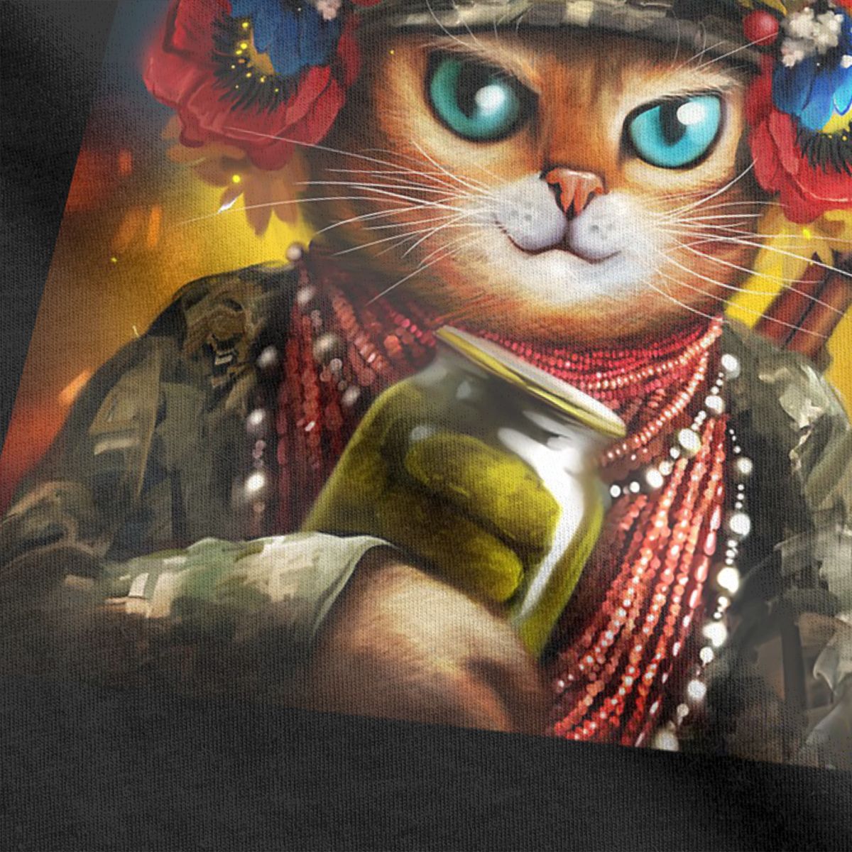 Ukrainian Cat Soldier In A Wreath Of Flowers t shirt for men Ukraine Vintage Short Sleeve Round Neck 100% Cotton Graphic Tops