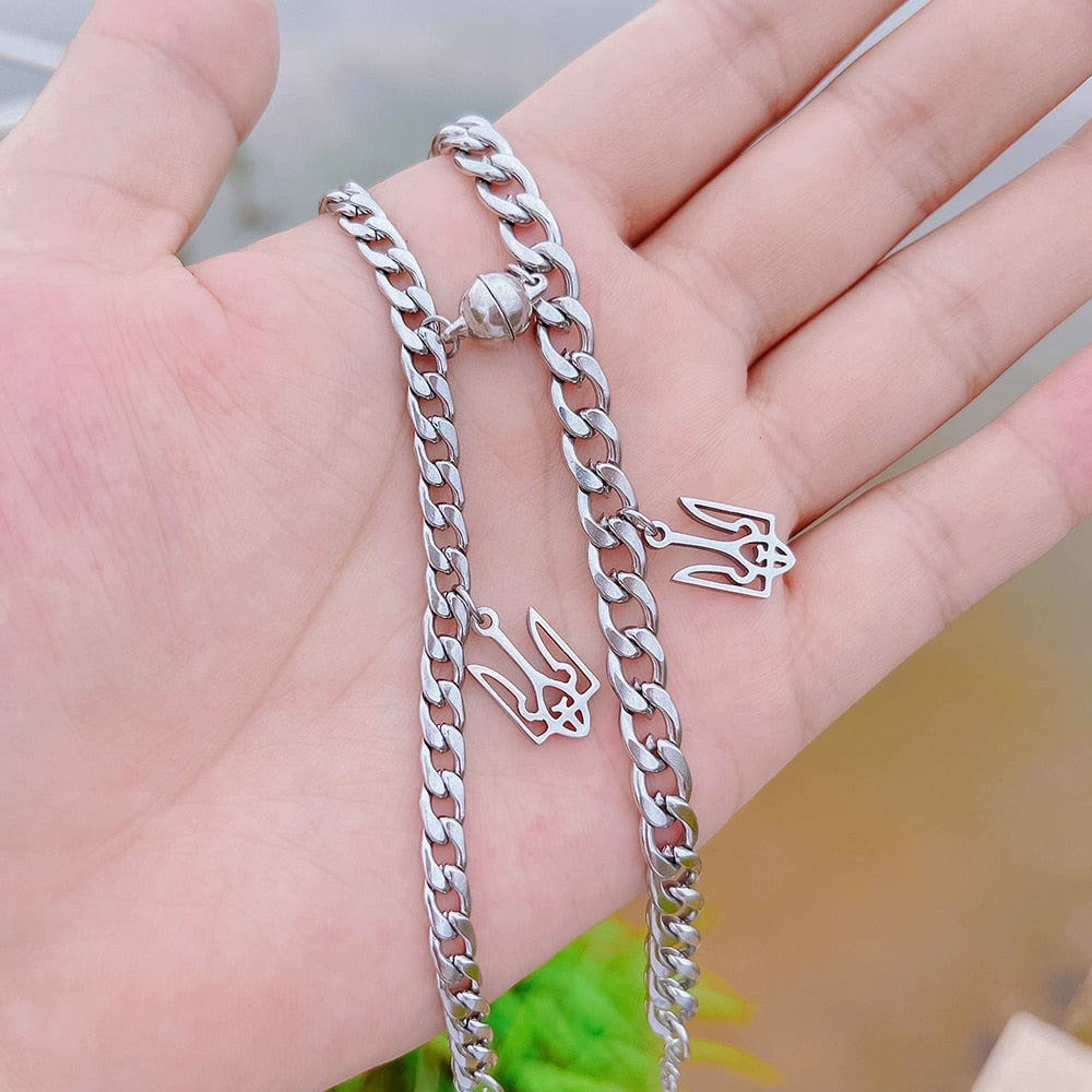 2pcs/set Ukraine National Emblem Trident Symbol charm bracelet for couples Stainless steel round magnet jewelry men and women
