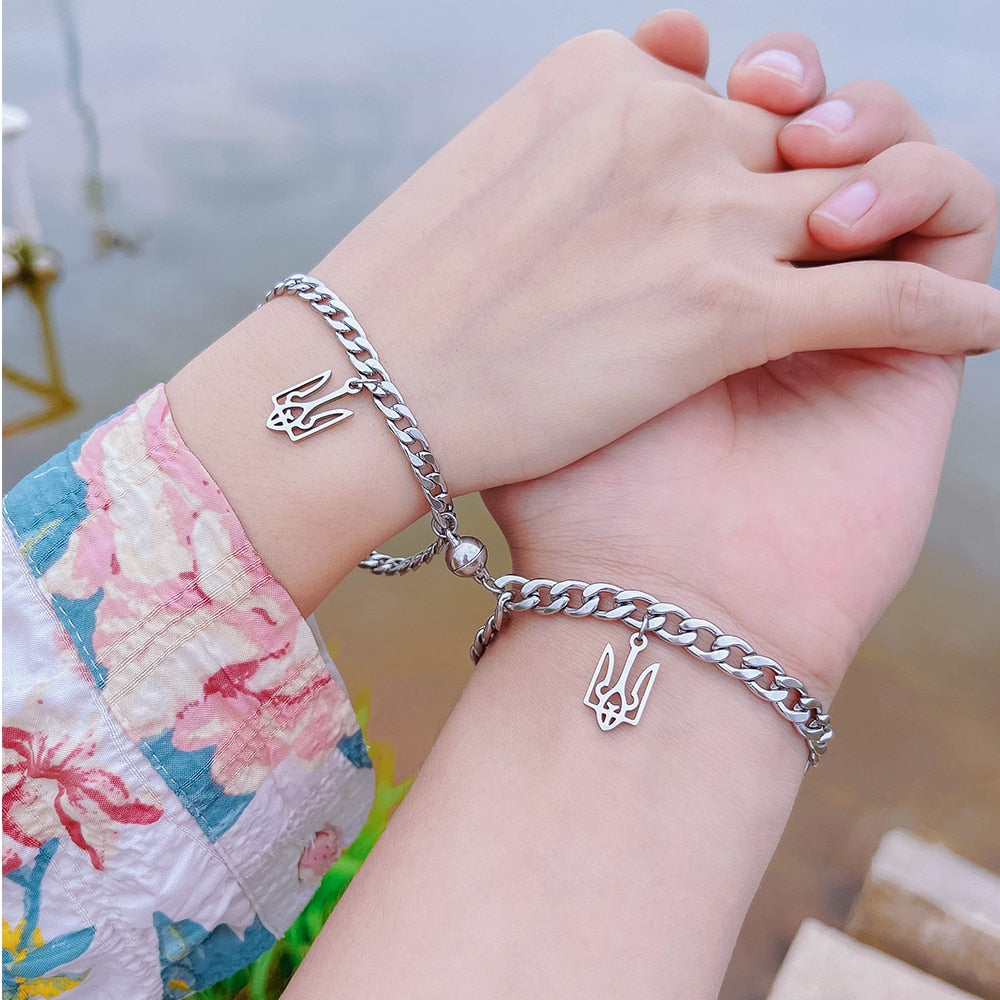 2pcs/set Ukraine National Emblem Trident Symbol charm bracelet for couples Stainless steel round magnet jewelry men and women