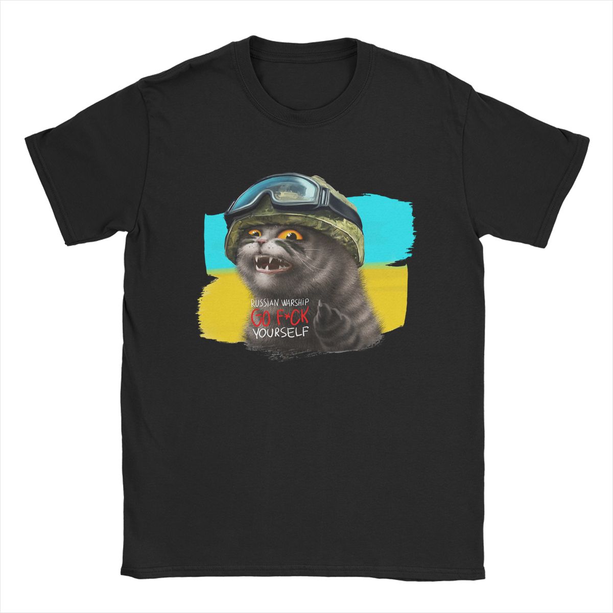 Ukrainian Cat Warrior With Mid-dle Finger Ukraine Crew Neck Pure Cotton T Shirt for men Short Sleeve Tees Printed Clothes