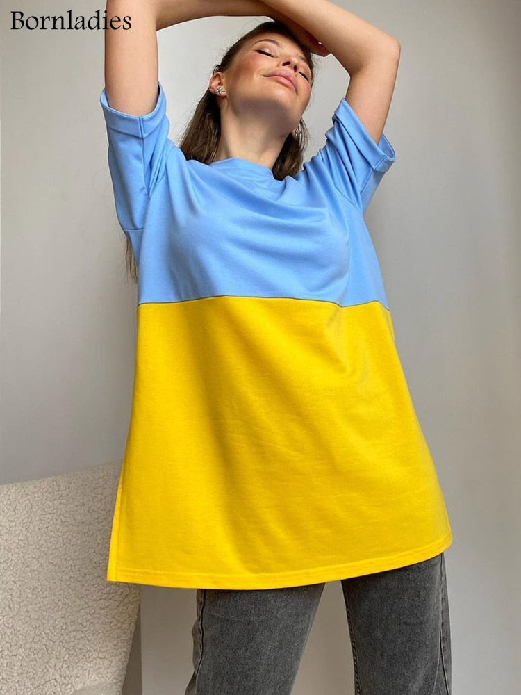 Bornladies Casual Patchwork Tee Summer Stretchy O-neck Oversized T-Shirt Slit Half Sleeve All-Match Comfort Long Women Tops