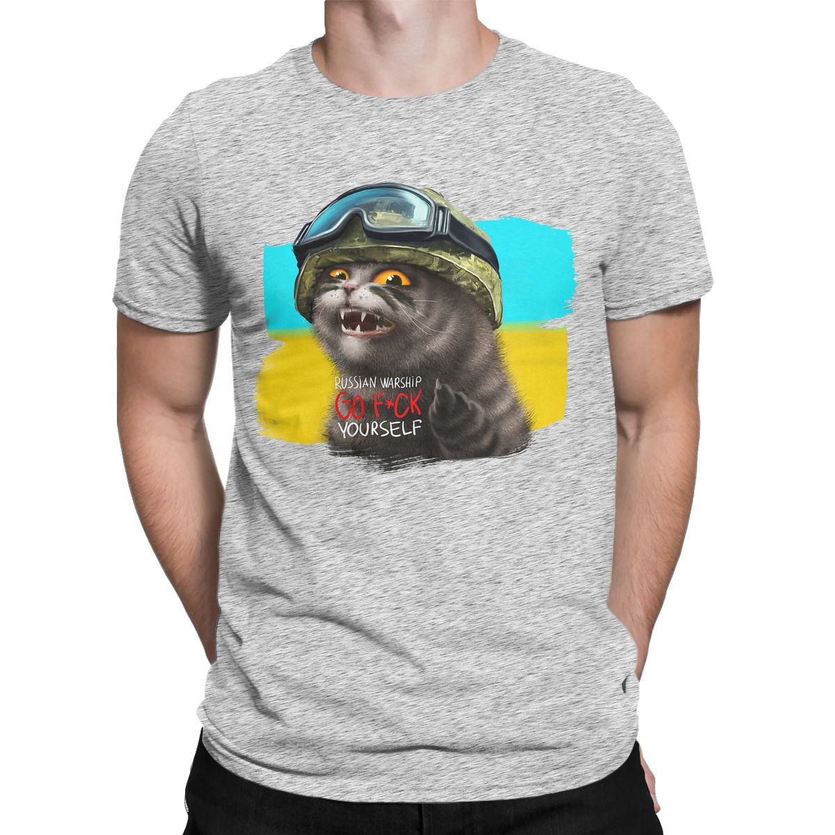 Ukrainian Cat Warrior With Mid-dle Finger Ukraine Crew Neck Pure Cotton T Shirt for men Short Sleeve Tees Printed Clothes