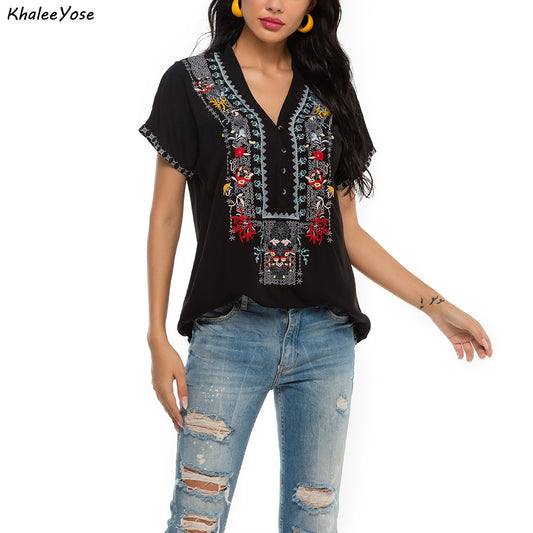 KHALEE YOSE Boho Floral Embroidery Blouses Summer Mexican Spring Long Sleeve Shirt Button Front Women 3xl Ethnic Shirt Tops