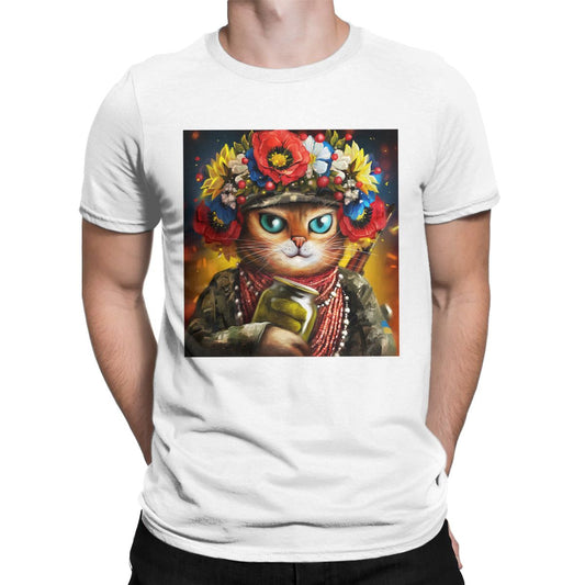 Ukrainian Cat Soldier In A Wreath Of Flowers t shirt for men Ukraine Vintage Short Sleeve Round Neck 100% Cotton Graphic Tops