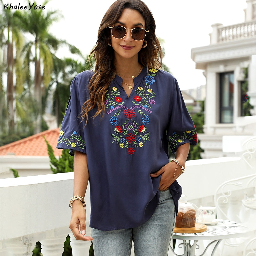 KHALEE YOSE Floral Embroidery Blouses Shirt Navy Cotton Summer Chic Navy Boho Mexican Shirts 2xl 3xl Women Ethnic Hippie Tops