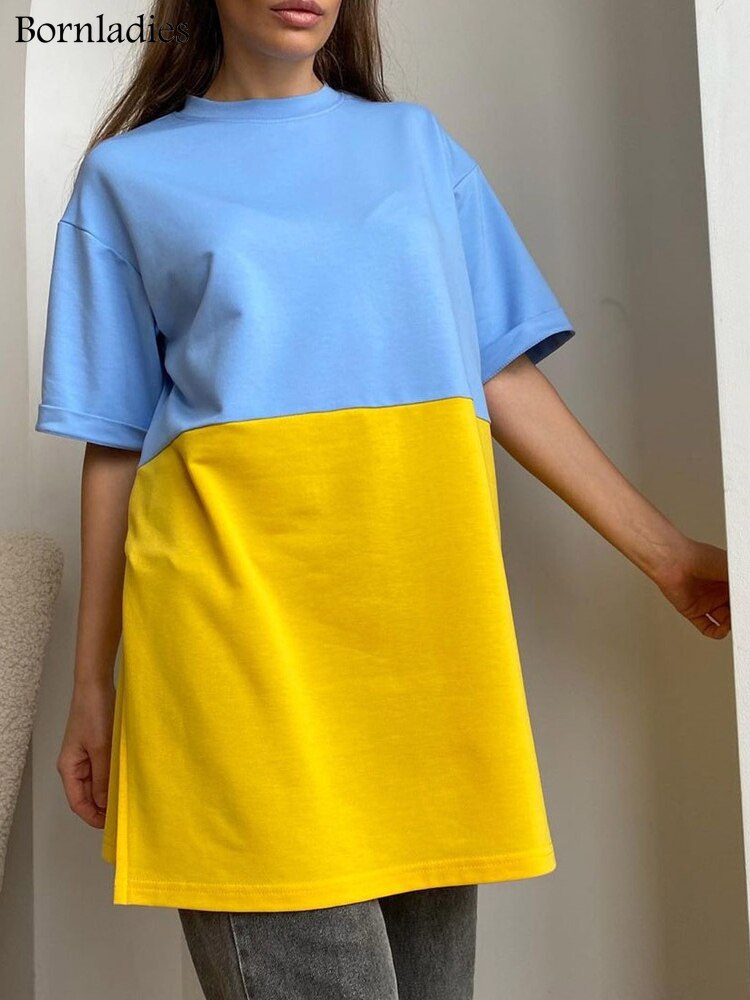 Bornladies Casual Patchwork Tee Summer Stretchy O-neck Oversized T-Shirt Slit Half Sleeve All-Match Comfort Long Women Tops