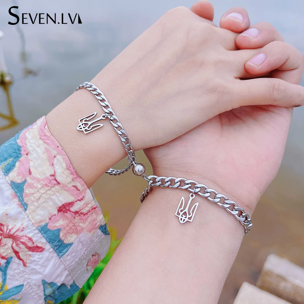 2pcs/set Ukraine National Emblem Trident Symbol charm bracelet for couples Stainless steel round magnet jewelry men and women