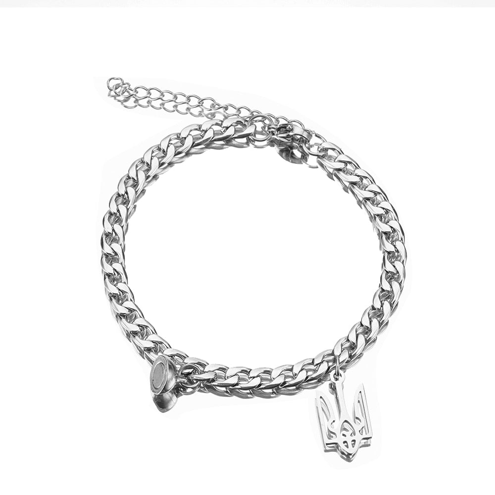 2pcs/set Ukraine National Emblem Trident Symbol charm bracelet for couples Stainless steel round magnet jewelry men and women
