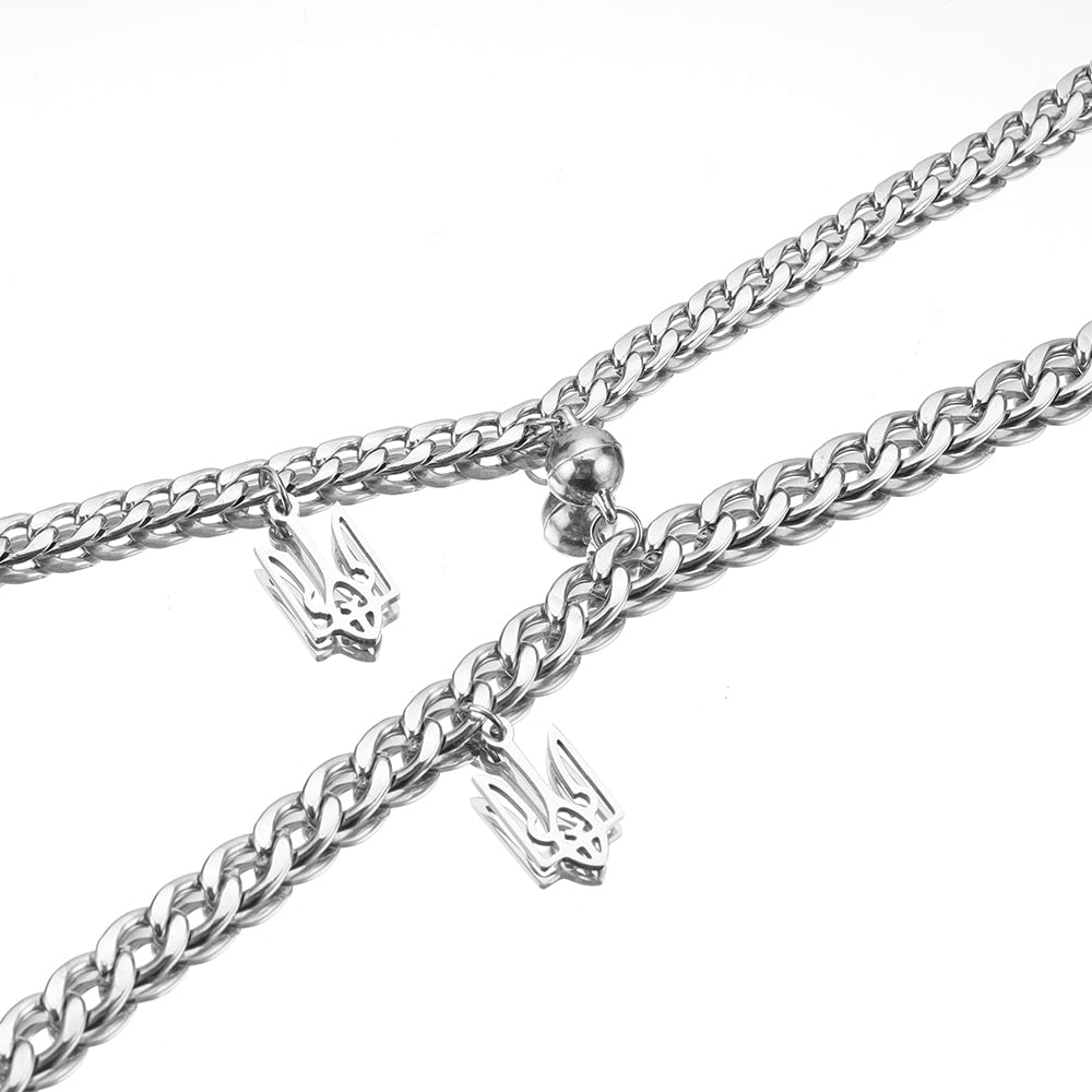 2pcs/set Ukraine National Emblem Trident Symbol charm bracelet for couples Stainless steel round magnet jewelry men and women