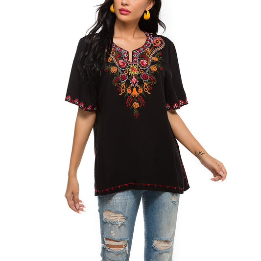 KHALEE YOSE Black Floral Embroidery Blouses Shirt Summer Boho Hippie Mexican Shirt Short Sleeve 23xl Ethnic Chic Shirt Women Top