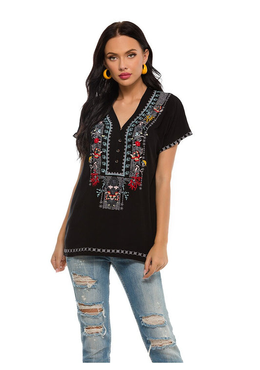 KHALEE YOSE Boho Floral Embroidery Blouses Summer Mexican Spring Long Sleeve Shirt Button Front Women 3xl Ethnic Shirt Tops