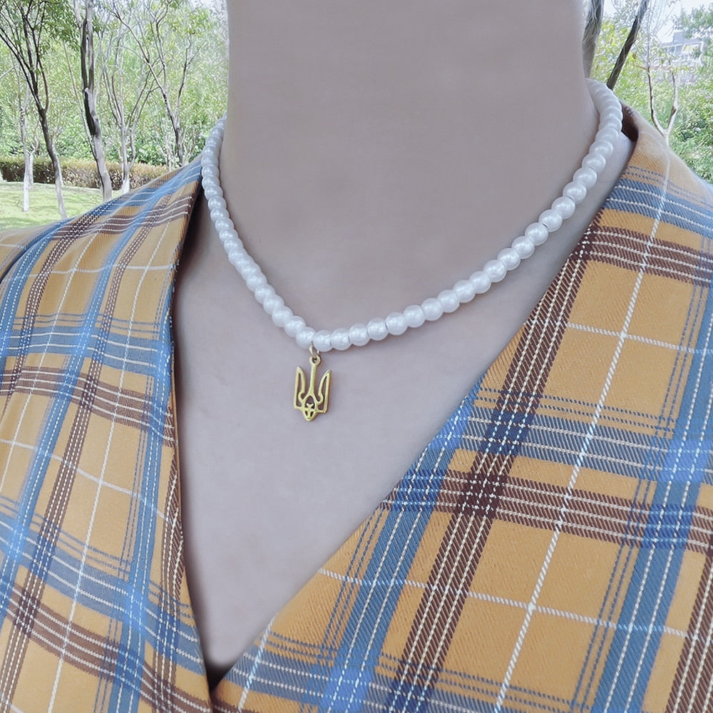 Imitation freshwater pearl Ukraine national emblem Necklace titanium steel badge pattern pendant neck band jewelry for women