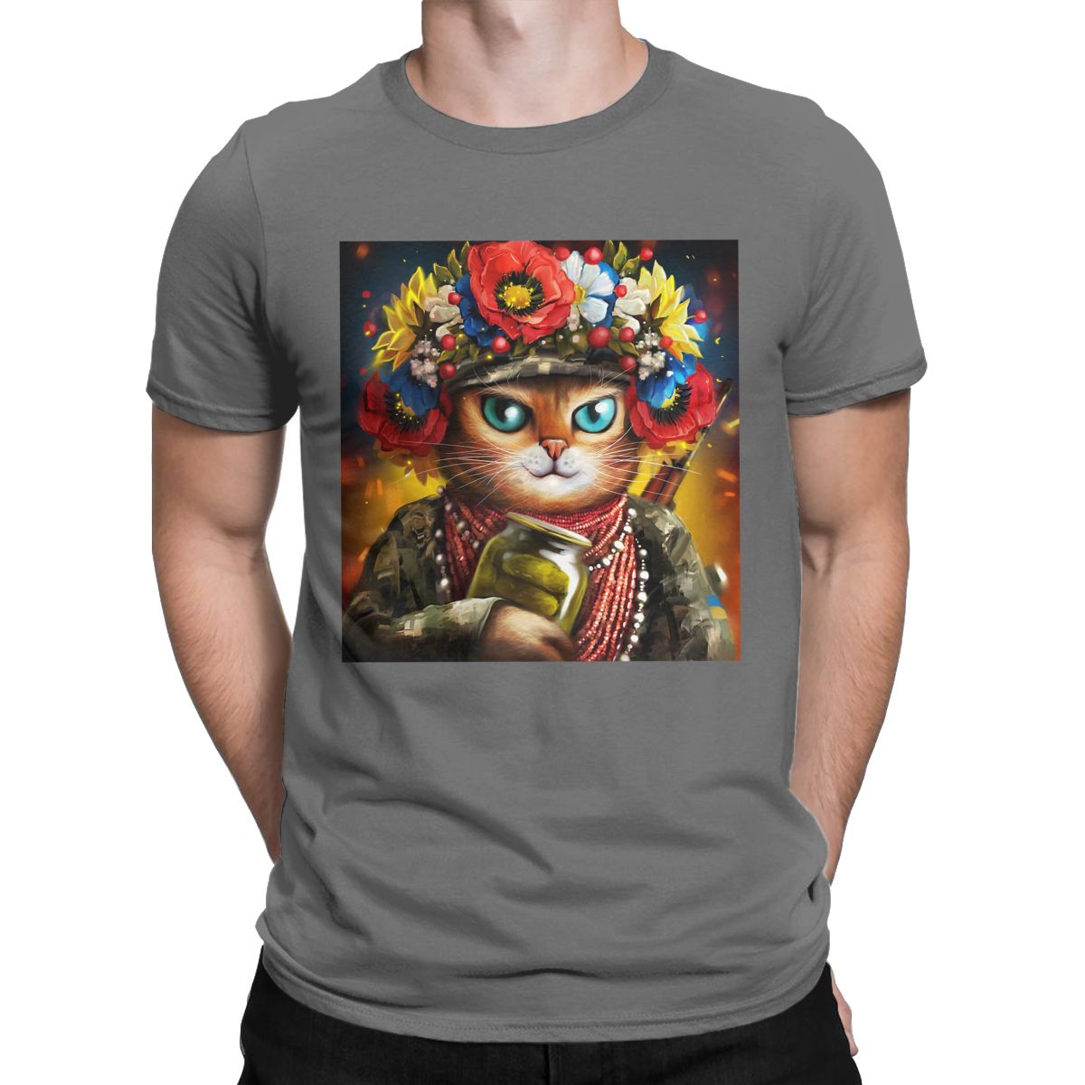 Ukrainian Cat Soldier In A Wreath Of Flowers t shirt for men Ukraine Vintage Short Sleeve Round Neck 100% Cotton Graphic Tops