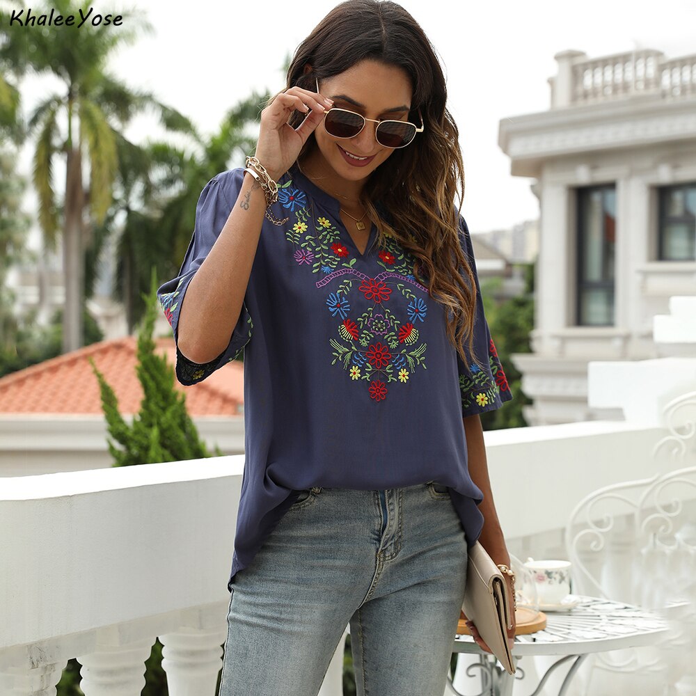 KHALEE YOSE Floral Embroidery Blouses Shirt Navy Cotton Summer Chic Navy Boho Mexican Shirts 2xl 3xl Women Ethnic Hippie Tops