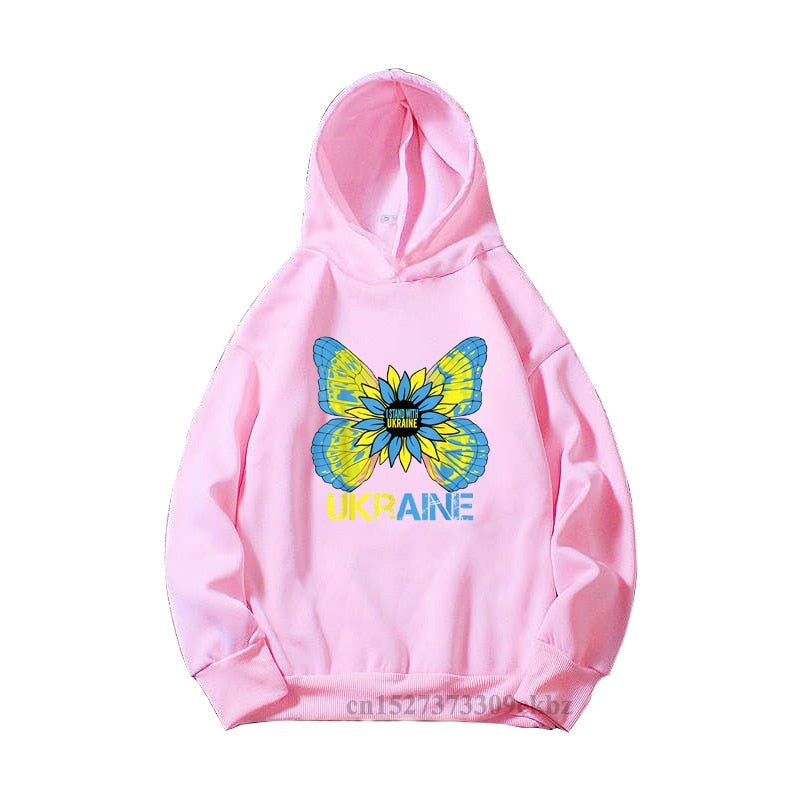 Girls New Fashion Ukrainian Trident Flag Sunflower Butterfly Print Pink Hoodies Kids Casual Yellow Blue Love Sweatshir Tops