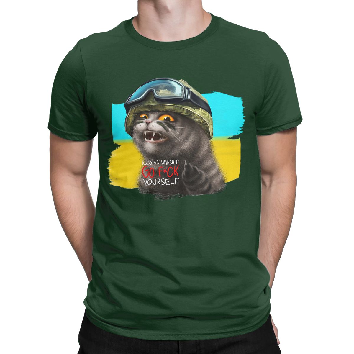 Ukrainian Cat Warrior With Mid-dle Finger Ukraine Crew Neck Pure Cotton T Shirt for men Short Sleeve Tees Printed Clothes