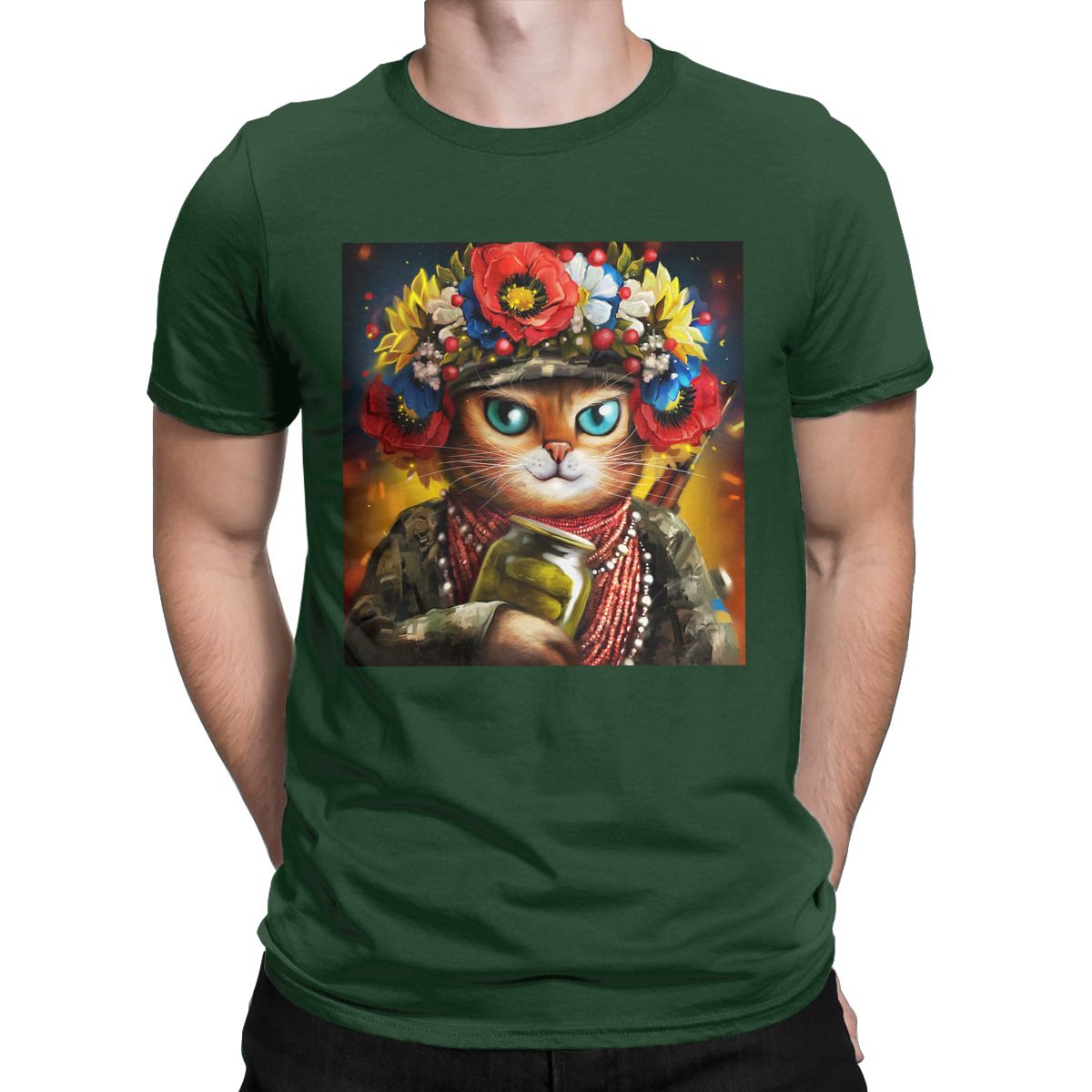 Ukrainian Cat Soldier In A Wreath Of Flowers t shirt for men Ukraine Vintage Short Sleeve Round Neck 100% Cotton Graphic Tops