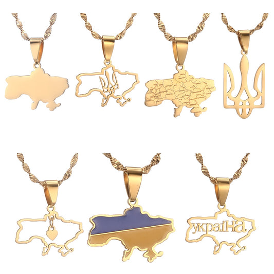 Stainless Steel Outline Ukraine Map Pendant Necklace Heart Flag Ukrainian Jewelry