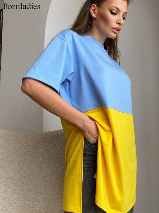 Bornladies Casual Patchwork Tee Summer Stretchy O-neck Oversized T-Shirt Slit Half Sleeve All-Match Comfort Long Women Tops