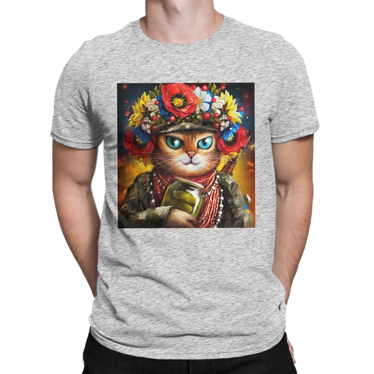 Ukrainian Cat Soldier In A Wreath Of Flowers t shirt for men Ukraine Vintage Short Sleeve Round Neck 100% Cotton Graphic Tops