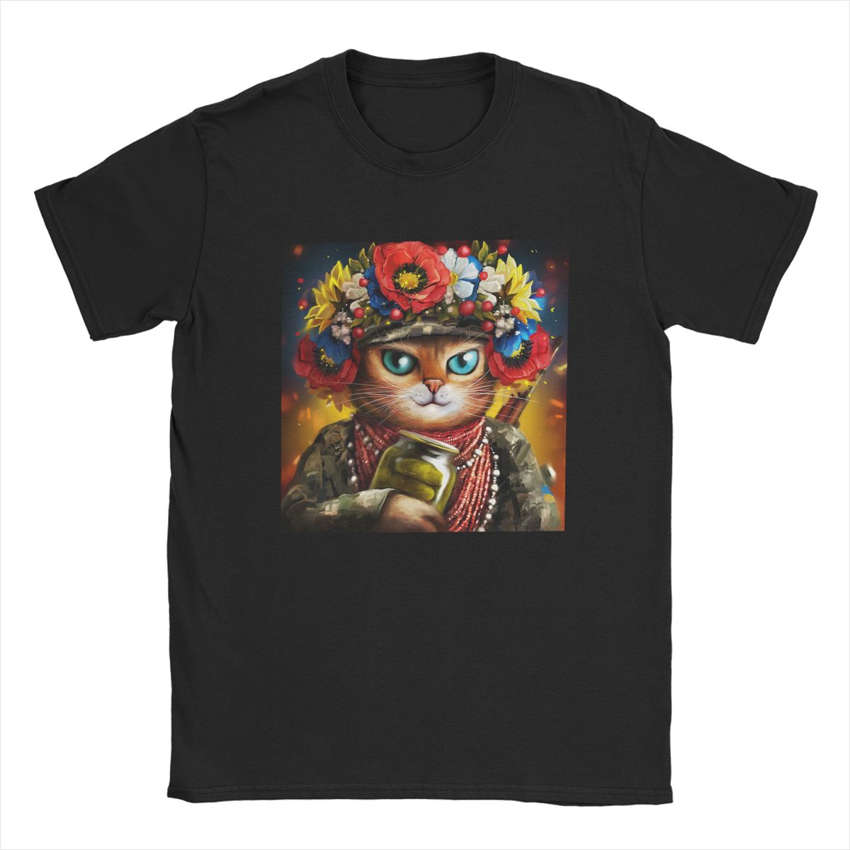 Ukrainian Cat Soldier In A Wreath Of Flowers t shirt for men Ukraine Vintage Short Sleeve Round Neck 100% Cotton Graphic Tops