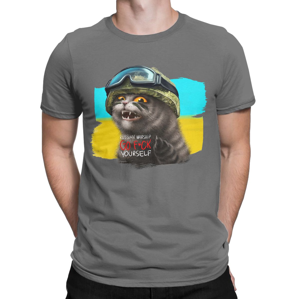 Ukrainian Cat Warrior With Mid-dle Finger Ukraine Crew Neck Pure Cotton T Shirt for men Short Sleeve Tees Printed Clothes