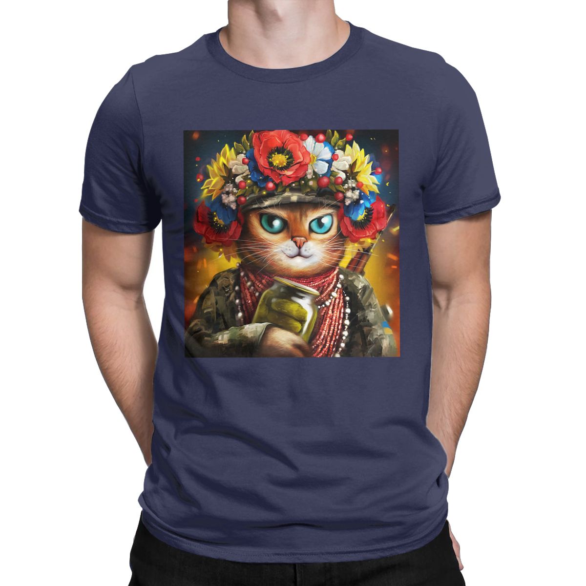 Ukrainian Cat Soldier In A Wreath Of Flowers t shirt for men Ukraine Vintage Short Sleeve Round Neck 100% Cotton Graphic Tops