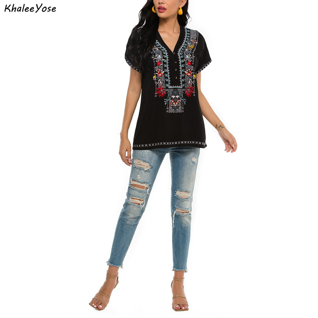 KHALEE YOSE Boho Floral Embroidery Blouses Summer Mexican Spring Long Sleeve Shirt Button Front Women 3xl Ethnic Shirt Tops