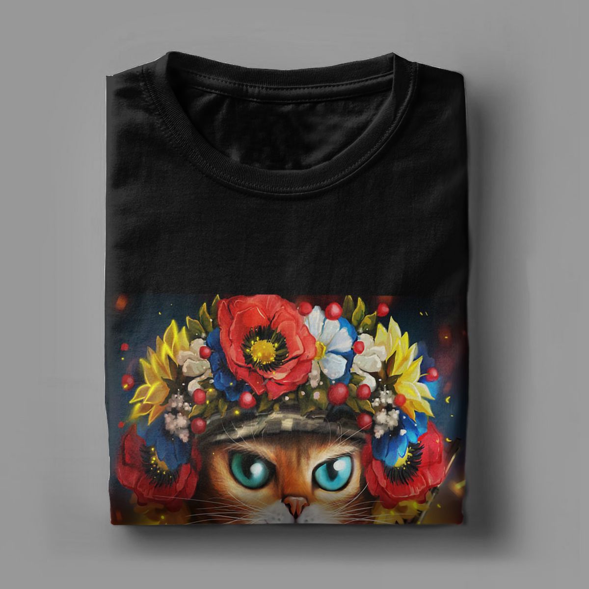 Ukrainian Cat Soldier In A Wreath Of Flowers t shirt for men Ukraine Vintage Short Sleeve Round Neck 100% Cotton Graphic Tops