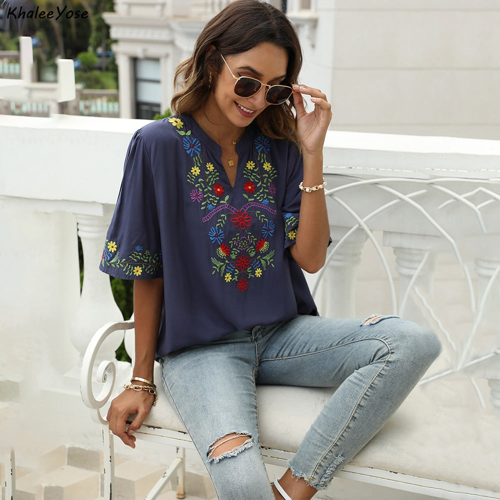 KHALEE YOSE Floral Embroidery Blouses Shirt Navy Cotton Summer Chic Navy Boho Mexican Shirts 2xl 3xl Women Ethnic Hippie Tops