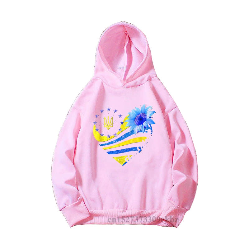 Girls New Fashion Ukrainian Trident Flag Sunflower Butterfly Print Pink Hoodies Kids Casual Yellow Blue Love Sweatshir Tops