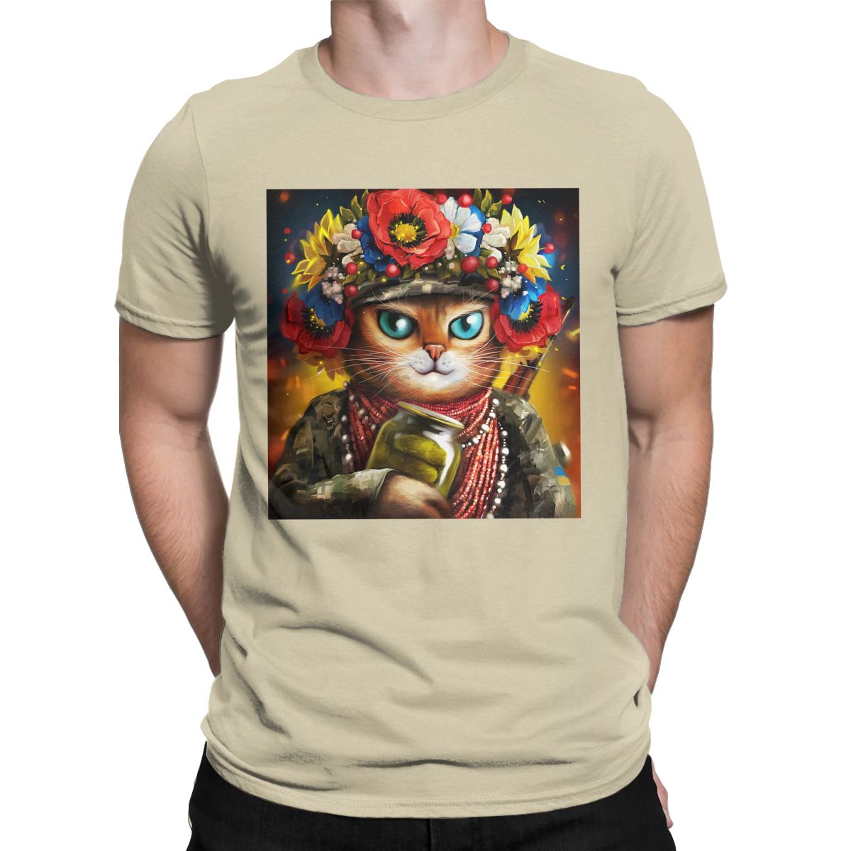 Ukrainian Cat Soldier In A Wreath Of Flowers t shirt for men Ukraine Vintage Short Sleeve Round Neck 100% Cotton Graphic Tops